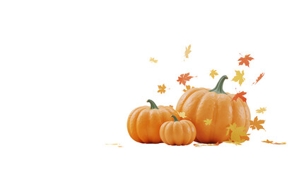Obraz premium Autumn harvest trio pumpkins with falling leaves on transparent rendering background, symbolizing