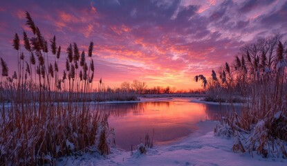 Vibrant Sunset Over a Winter Lake with Reeds and Reflective Water.