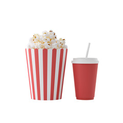Inviting still life of a striped popcorn container and red soda cup on transparent layer