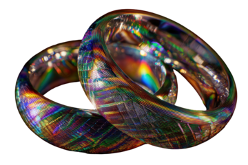 Two iridescent rings interlocked, displaying a spectrum of colors