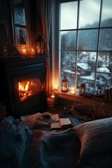 A cozy bedroom nook, warmed by a crackling fireplace and snowy window views, filled with soft lighting and inviting textures.