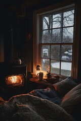 Warmth and tranquility fill a cozy bedroom, with a crackling fireplace and the gentle patter of rain on the windowpane.
