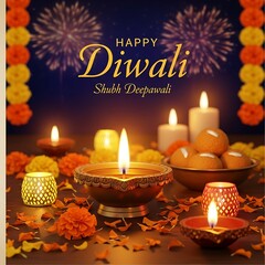 Warm Festive Diwali Celebration: Lit Candles, Sweets, and Fireworks Background