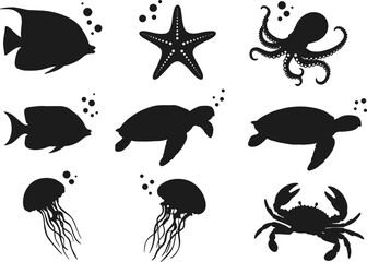 PrintSilhouette vector illustration of sea animals including fish, turtle, jellyfish, octopus, starfish, and crab for ocean marine life design.