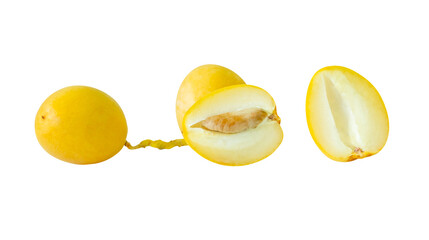 Fresh ripe yellow Barhi date palm fruits in set and small bunch witth halves in stack isolated with...