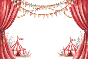 Watercolor circus scene with red curtains and festive decorations