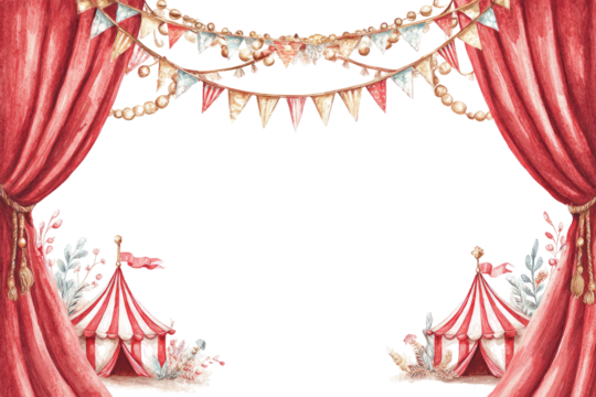 Watercolor circus scene with red curtains and festive decorations