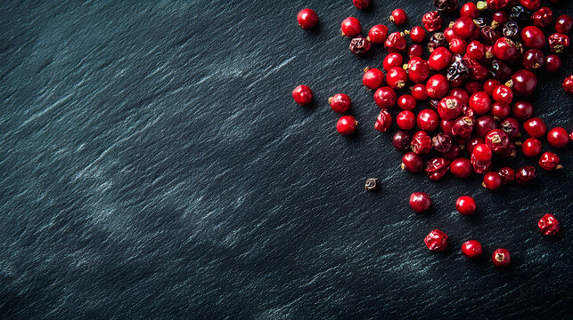 Tasmanian pepper berries scattered unevenly on a dark matte background, their reflective, polished surfaces catching light.