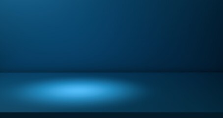 Minimalist dark blue studio room with spotlight on reflective floor, empty background for product display or advertising