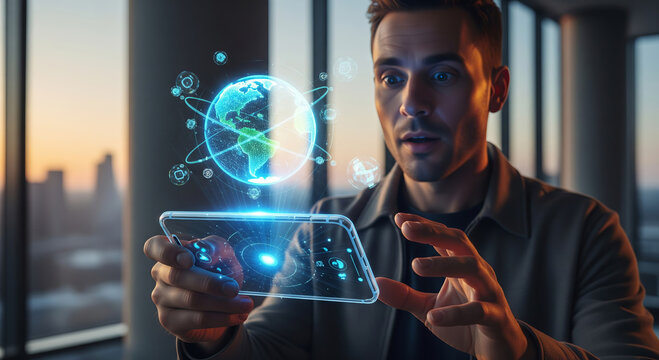 Astonished businessman interacts with holographic global network on smartphone, futuristic technology concept.