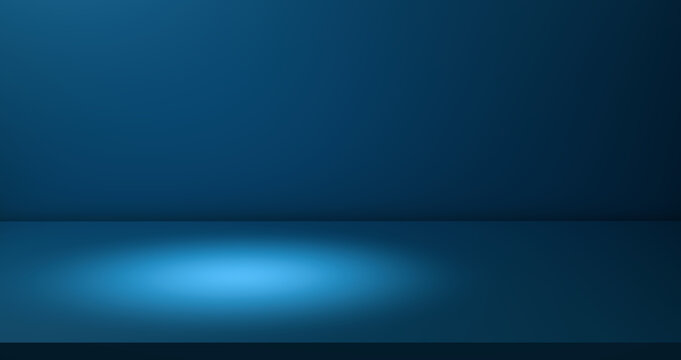 Minimalist dark blue studio room with spotlight on reflective floor, empty background for product display or advertising