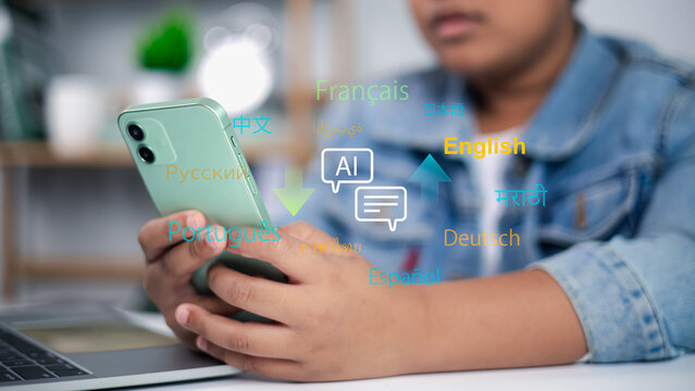 AI translation app on smartphone, multilingual communication, artificial intelligence language learning concept