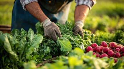 Close-up of Farmer Harvesting Fresh Greens and Radishes