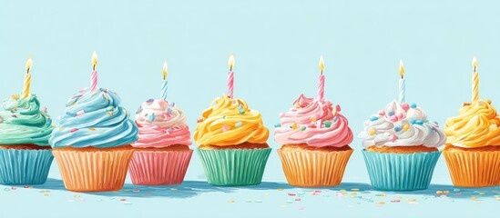 Row of colorful cupcakes with lit candles, pastel colors and sprinkles