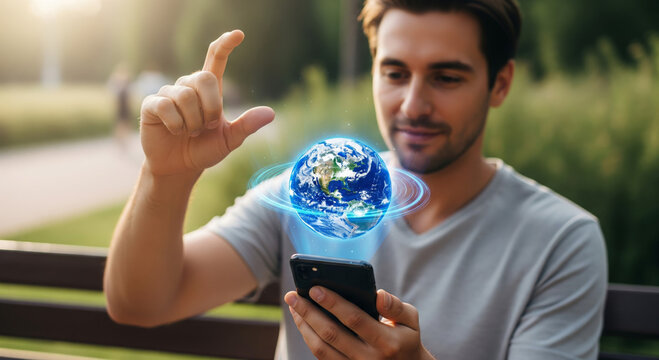 Young man using holographic smartphone, holographic Earth globe, global connection, technology, outdoors, daytime, serene mood.