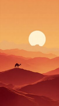 A solitary camel stands atop a dramatic desert landscape, bathed in the warm hues of a vibrant sunset.
