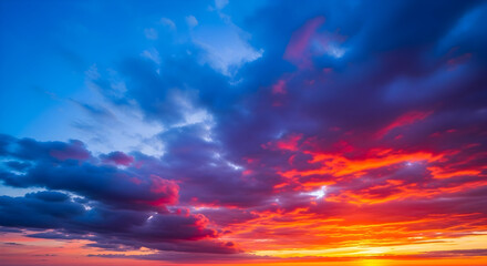 Obraz premium Vibrant dramatic sunset sky with deep blue, purple and orange clouds over the horizon — scenic atmospheric landscape for nature, travel and background visuals