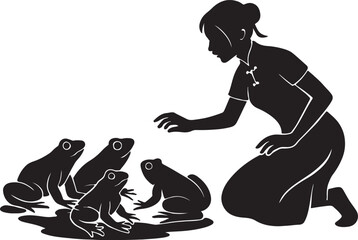 A girl is hunting frogs. একটি মেয়ে ব্যাঙ  শিকার করছে