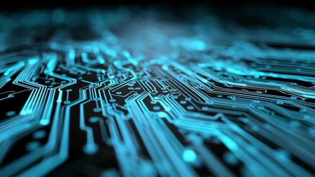 Futuristic glowing circuit board with neon blue electronic paths