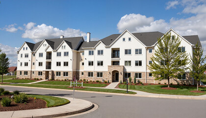 Modern apartment complex surrounded by greenery, urban living