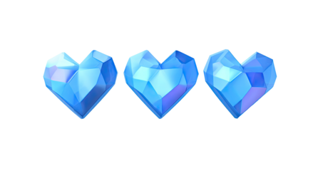 Three faceted, blue hearts in a horizontal row