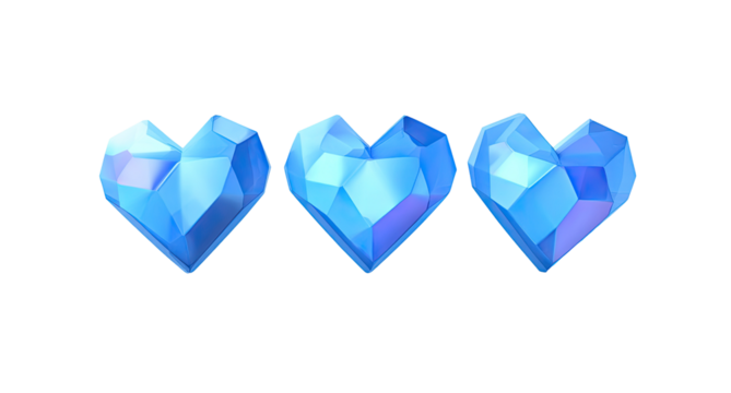 Three faceted, blue hearts in a horizontal row - Powered by Adobe