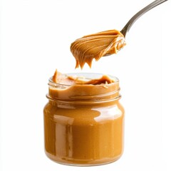 A jar of creamy peanut butter with a scoop ready to serve.