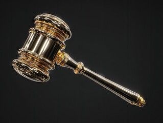 A highly polished, golden gavel stands out against a dark backdrop, showcasing intricate details and a sense of authority.