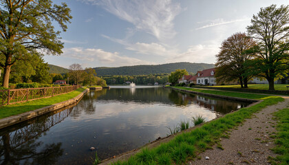 Fototapeta premium Scenic lake view with reflection at sunset, nature's beauty