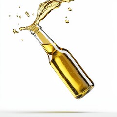 An explosive splash of beer from a bottle on a white background.