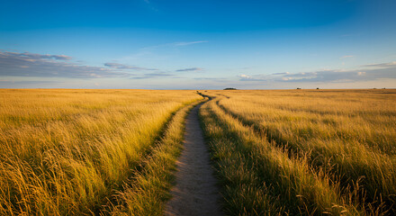 Obraz premium Following a serene dirt path through golden fields at sunset promising adventure with vast blue sky