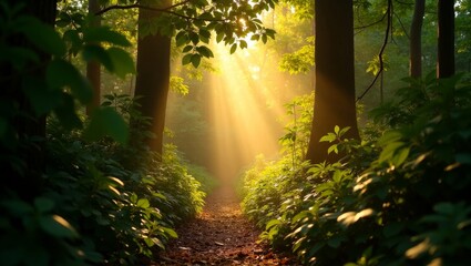 Fototapeta premium Sunbeams Illuminate Forest Path Green Leaves Golden Light Nature Trail