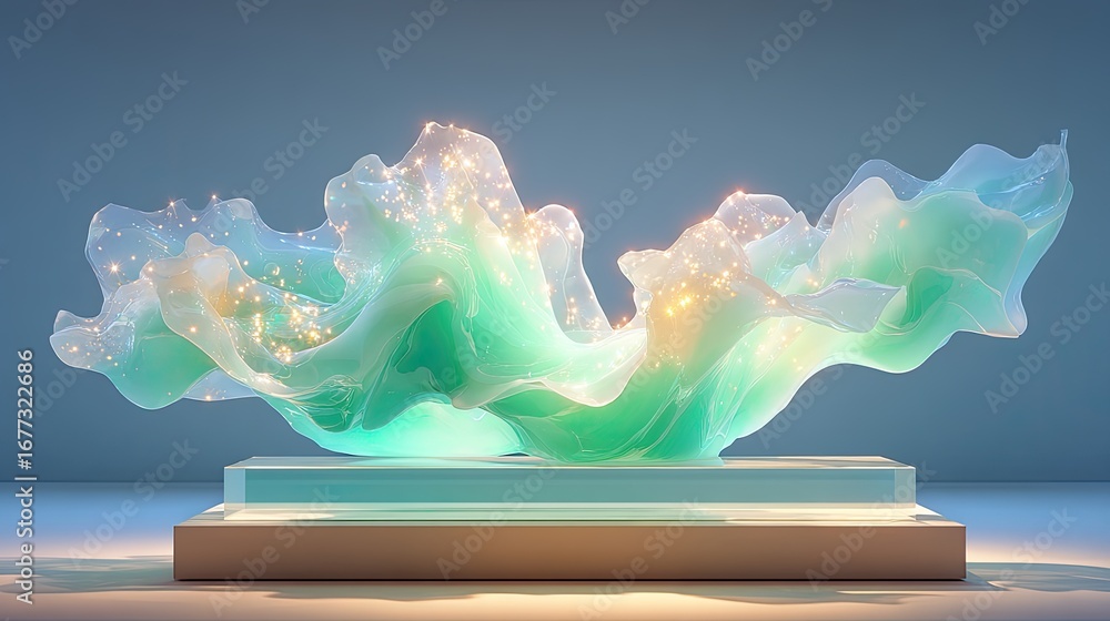 Aufkleber abstract glass sculpture resembling both crashing waves and flowing fabric, rendered with hyper-real
