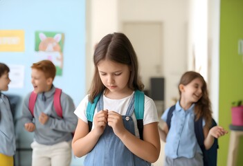 Obraz premium Lonely sad schoolgirl suffering from emotional bullying and isolation at school. Upset bullied child experiencing peer pressure and mental stress in a school. Child depression. Bullying. Loneliness. 