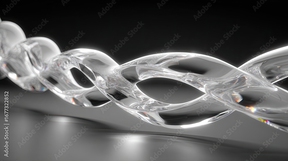 Poster interlocking glass ribbons creating complex moiré patterns through refraction, rendered with scienti