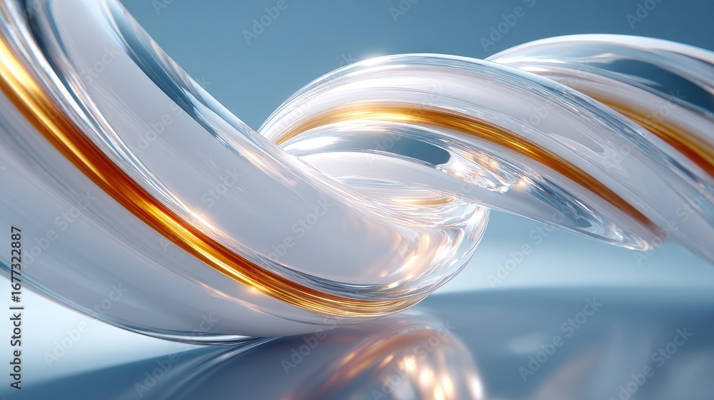 Poster interlocking glass ribbons creating complex moiré patterns through refraction, rendered with scienti