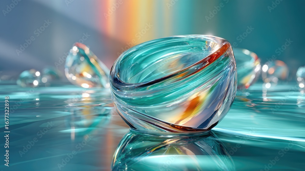 Poster interlocking glass ribbons creating complex moiré patterns through refraction, rendered with scienti