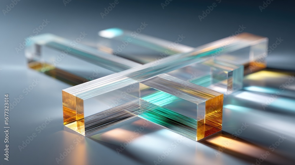 Aufkleber multiple transparent glass strands in a gravity-defying composition, intersecting to create complex 