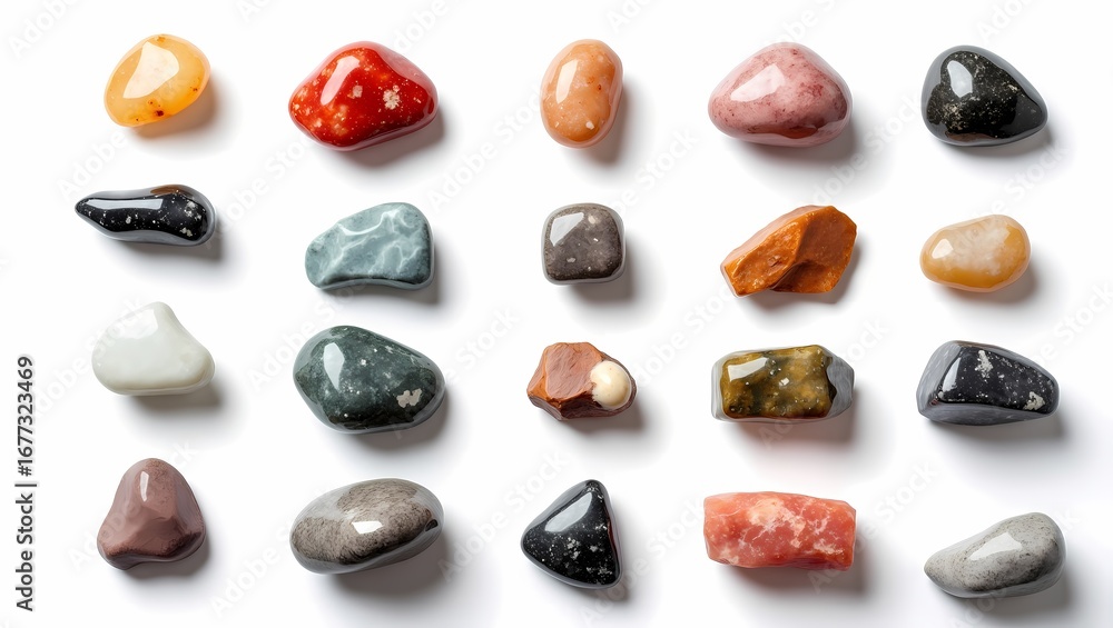 Poster a collection of polished gemstones of various colors and shapes are arranged in a grid