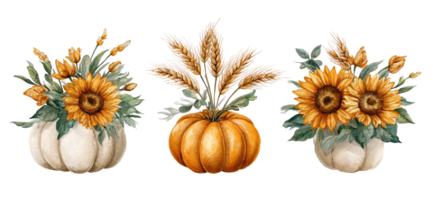Autumnal pumpkin arrangements with sunflowers and wheat