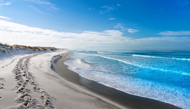 vibrant winter beach curve with soft blue grey path