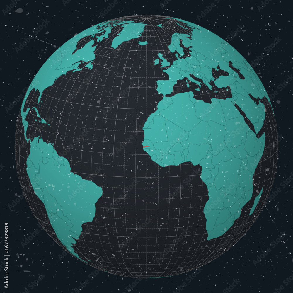 Poster Gambia on Globe. Vintage look with grunge scratched texture. Country view on world map in Dark Charcoal Turquoise color palette. Gambia shape on map. Globe with meridians and parallels.