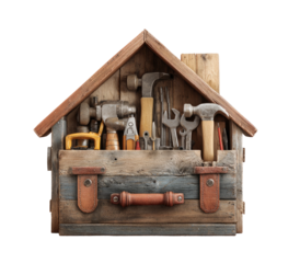 Wooden house-shaped toolbox filled with various tools