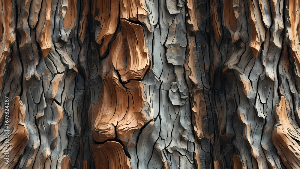 Poster the detailed texture of a tree bark, highlighting its natural patterns and rugged surface. The bark showcases a complex interplay of color and form, offering a sense of age and resilience