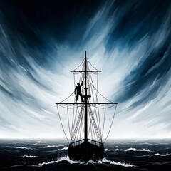 Sailor on Ship Mast in Storm