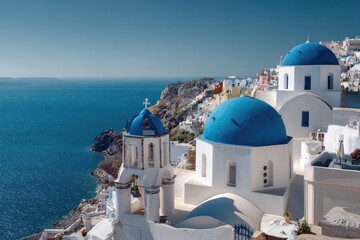 Aegean village with whitewashed buildings and blue domes