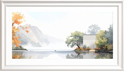 Watercolor Painting of Lakeside Landscape with Mountains and Building