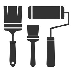 Dark gray silhouette of paint roller and two paint brushes on white background painting tool