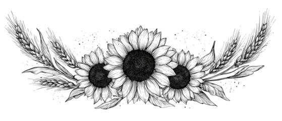 Black and white floral design with sunflowers and wheat