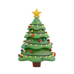 Vibrant 3D Christmas Tree Illustration with Festive Ornaments and Star Topper